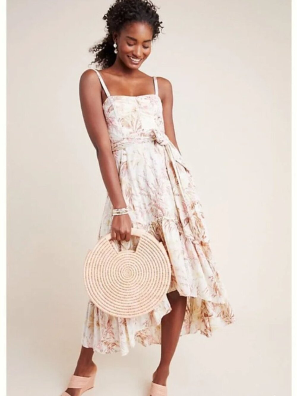 Anthropologie Adriana Strapless Tiered Midi Dress Neutral Floral Size 12